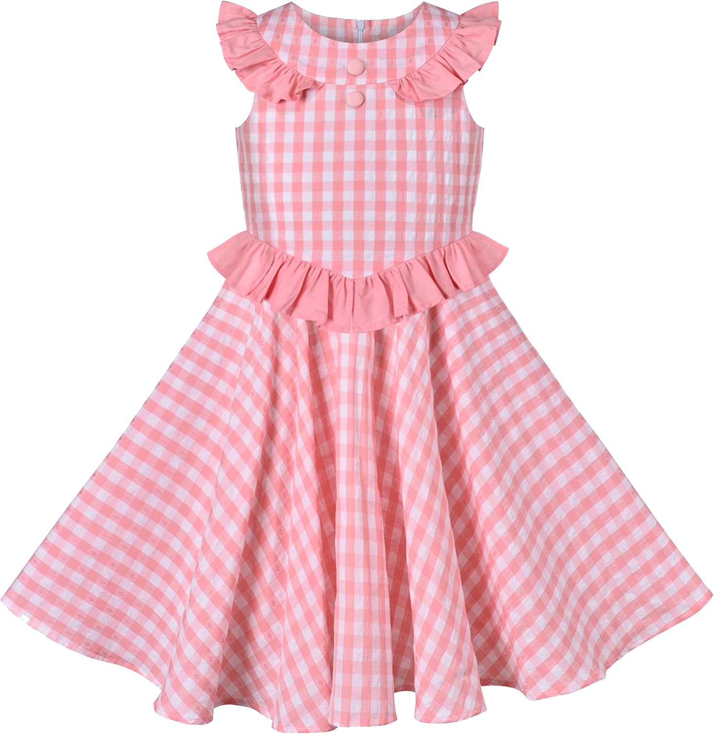Girls Dress O-Neck Backless Smocked Embroidery Ruffle Vintage Sleeveless 4 Pink Plaid