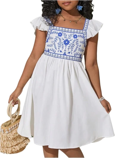 Girl's Floral Dress Bowknot Back Cap Sleeve Square Neck Boho Flowy Dresses 11 Years White