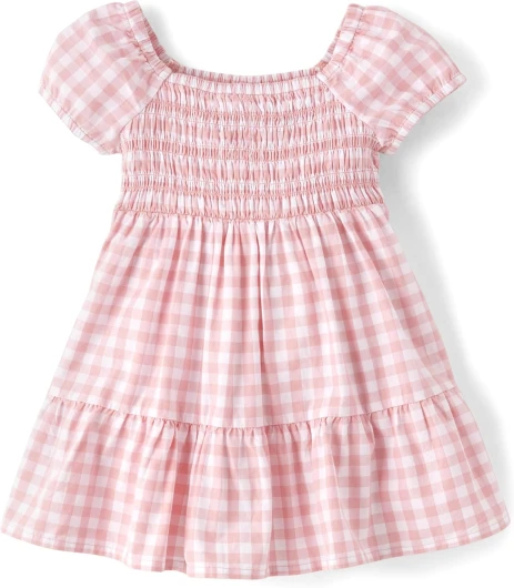 The Children's Place Baby Girls' and Toddler Short Sleeve Casual Dresses 4T Pink Gingham Puff Sleeve
