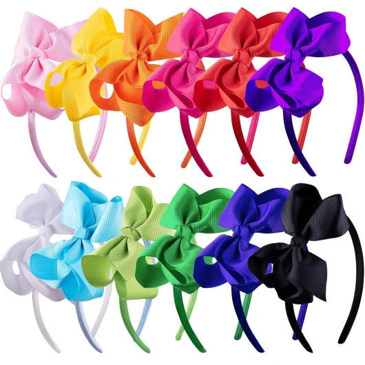 12 Pieces Headbands with Ribbon Bow for Girls, Hair Bow Boutique Grosgrain Headbands, 12 Colors Iridescence 1 Count (Pack of 12)