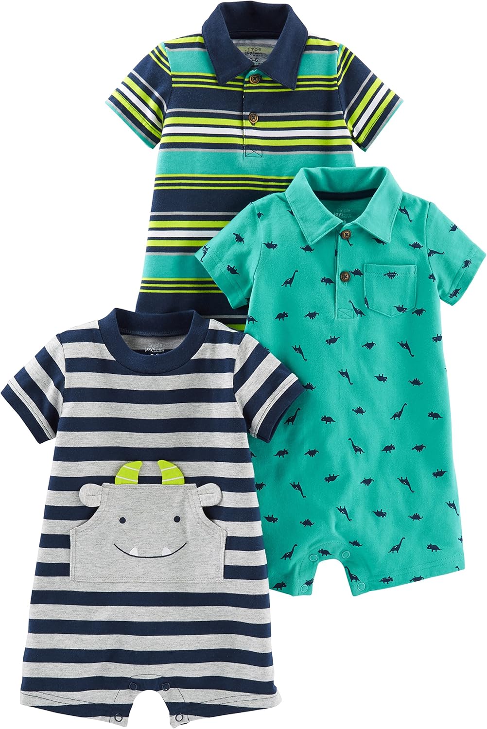 Simple Joys by Carter's baby-boys 3-pack Rompers 3-6 Months Green Dinosaur/Navy Stripe/Yellow Stripe