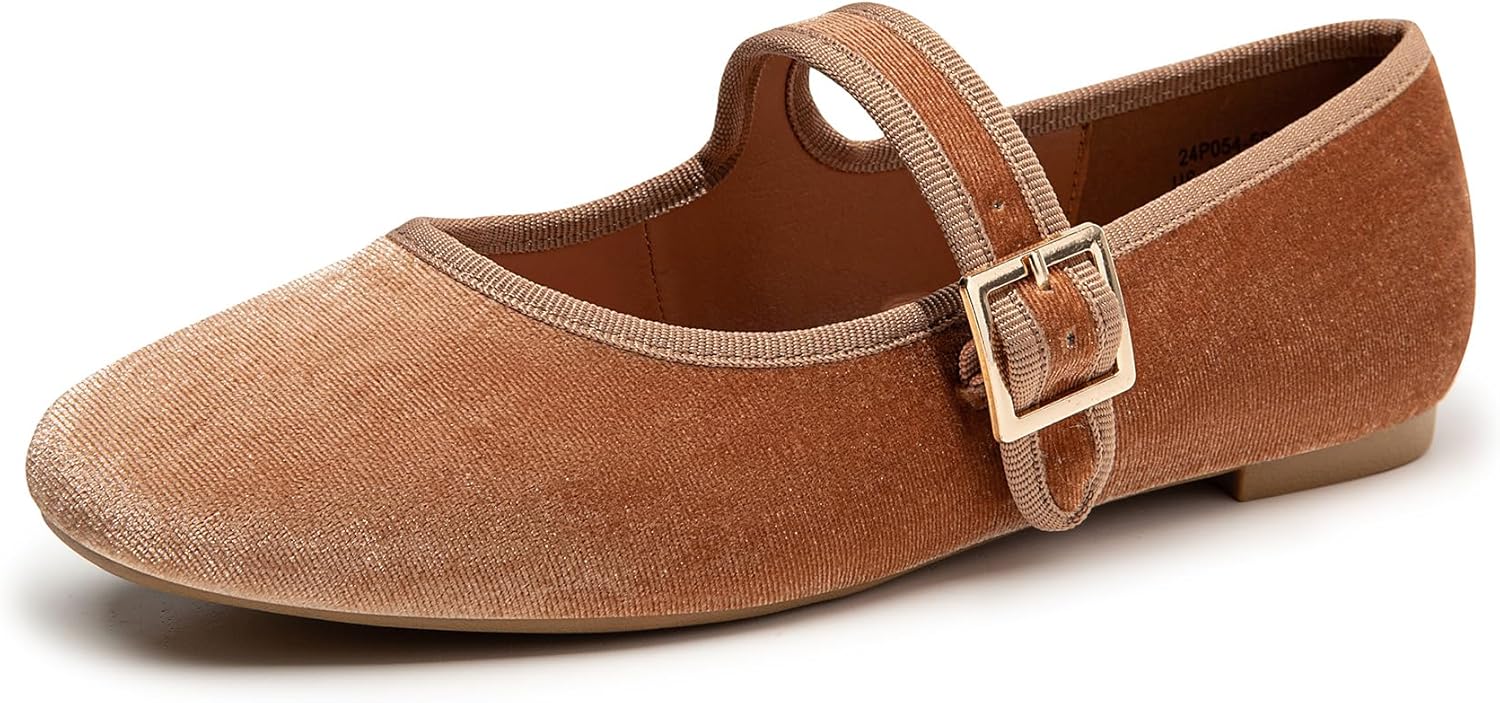 Women's Ballet Flats,Square Toe Velvet Mary Jane Shoes Women,Comfortable Dress Shoes for Women Dressy 7.5 Brown Velvet