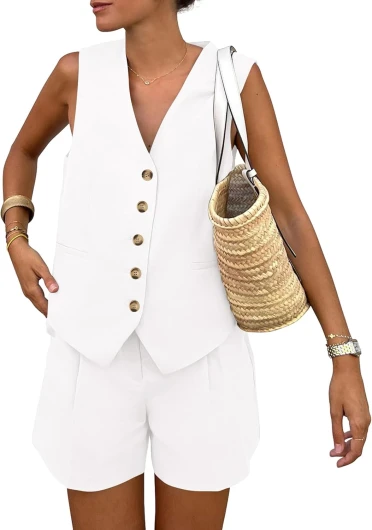 Women's Summer 2 Piece Outfits Sleeveless Matching Sets Button Down V Neck Vest Waistcoat and Pockets Shorts White Small