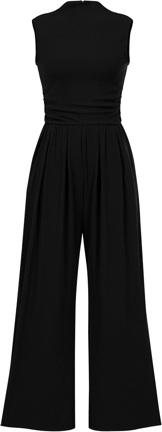 Womens Summer Jumpsuits Dressy Casual One Piece Outfits Sleeveless Mock Neck Wide Leg Pants Rompers with Pockets Large Black