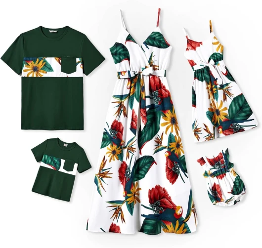 Family Matching Outfits Mommy and Me Dresses Hawaiian Tropical Vacation Beach Spaghetti Strap Dress and Shirt Baby Girl 3-6 Months Tropical White&green