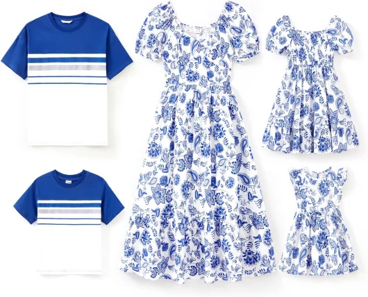 Family Matching Summer Outfits, Mommy and Me Matching Shirts Dresses Paisley Print Matching Dresses for Family Baby Girl 6-9 Months Blue Paisley Floral
