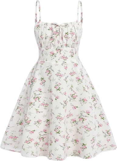 Girl's Floral Print Sleeveless Ruched Ruffle Hem A Line Cami Short Dress 10 Years White Ivory