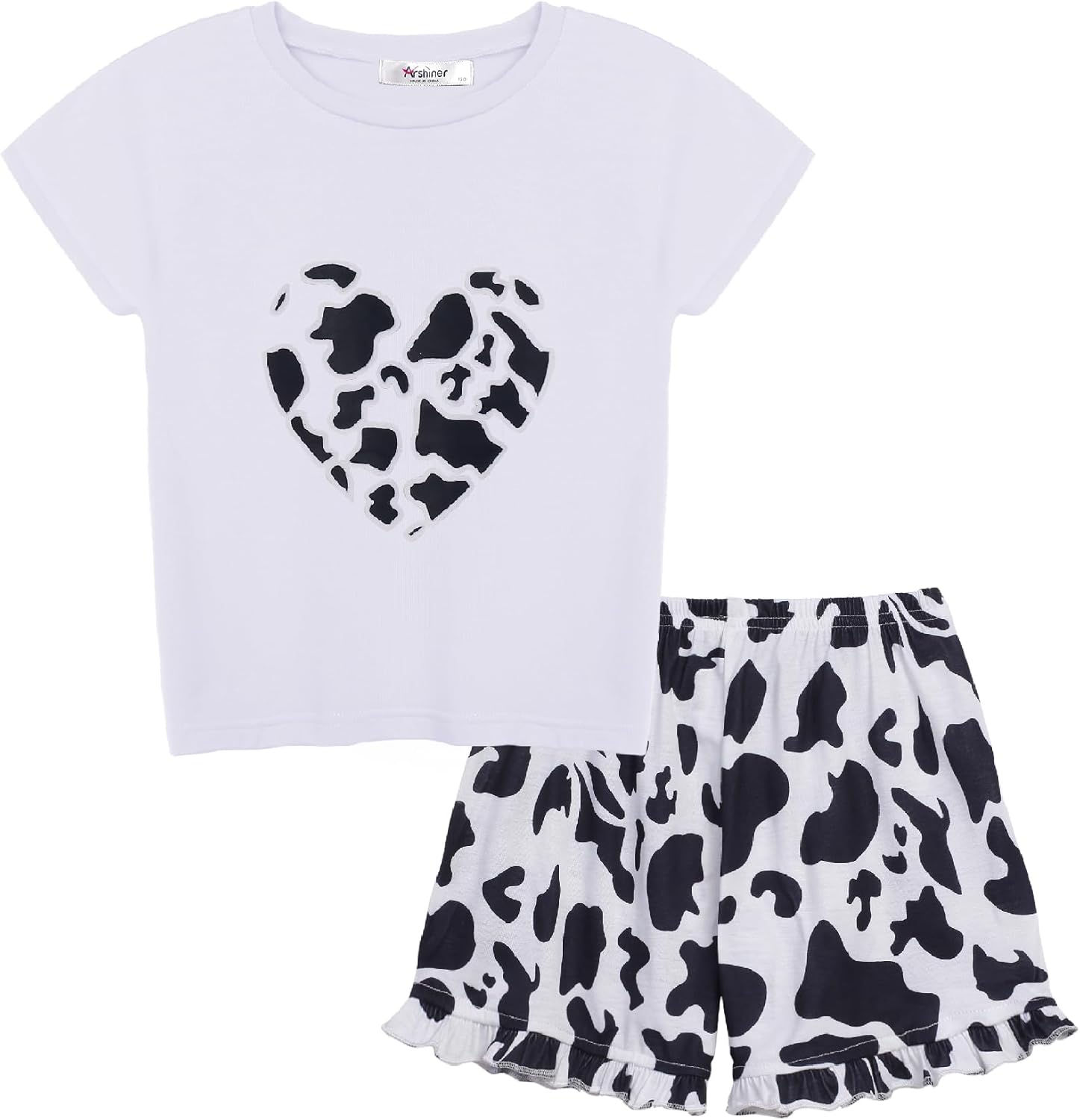 Girls Tie Dye Shorts Set 2 Pieces Summer Set for Kids Short Sleeve Pullover Top + Ruffle Hem Shorts Set 6-7 Years Cow