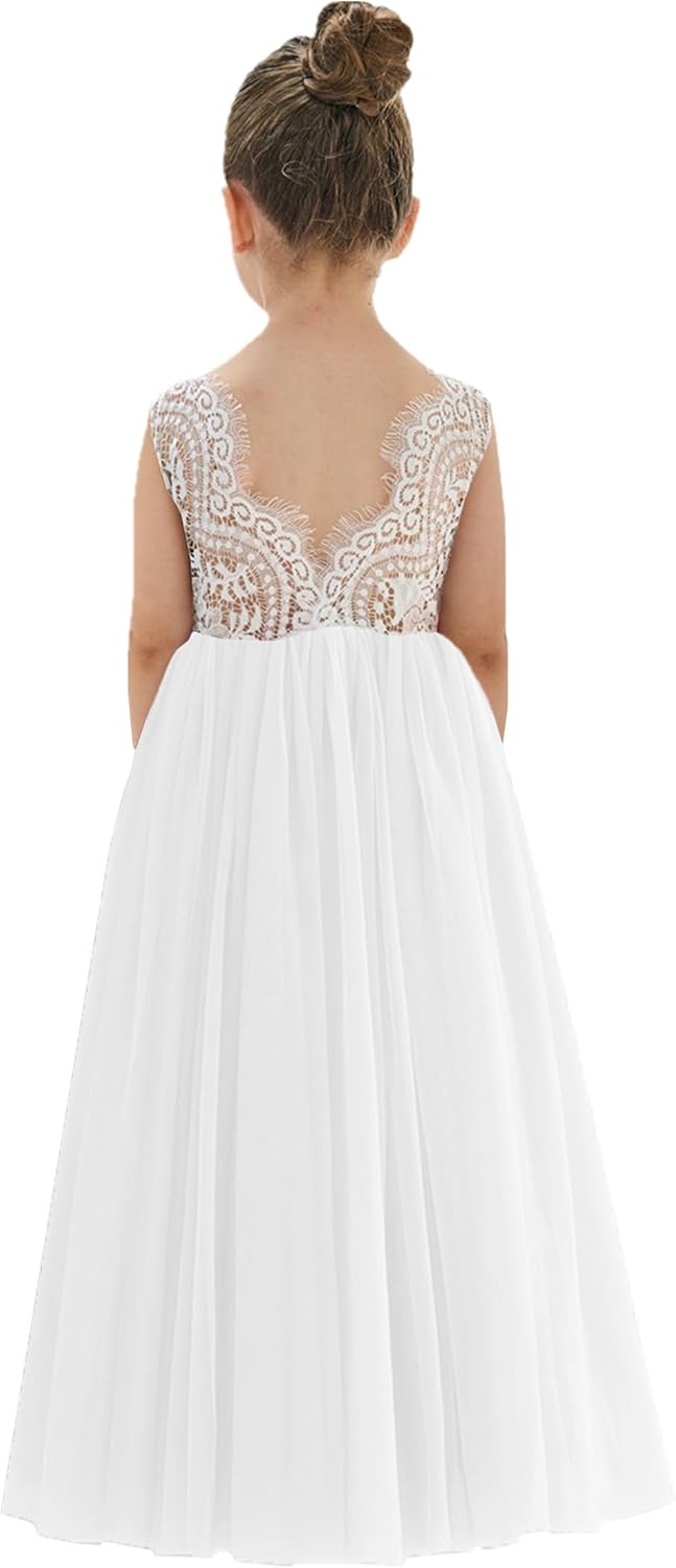 Girl Peony Lace Back A-Line Straight Tutu Tulle Party Flower Girl Dress 6 Years #1 White Sleeveless Maxi