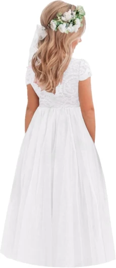 Girl Paisley Lace Back A-Line Straight Tutu Tulle Party Flower Girl Dress 6 Years Short Sleeve Maxi-white