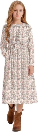 Girls Casual Elastic Crew Neck Floral Printed Solid Color A-line Swing High Waist Midi Belted Dress with Pocket Orange Floral Fall 13-14 Years