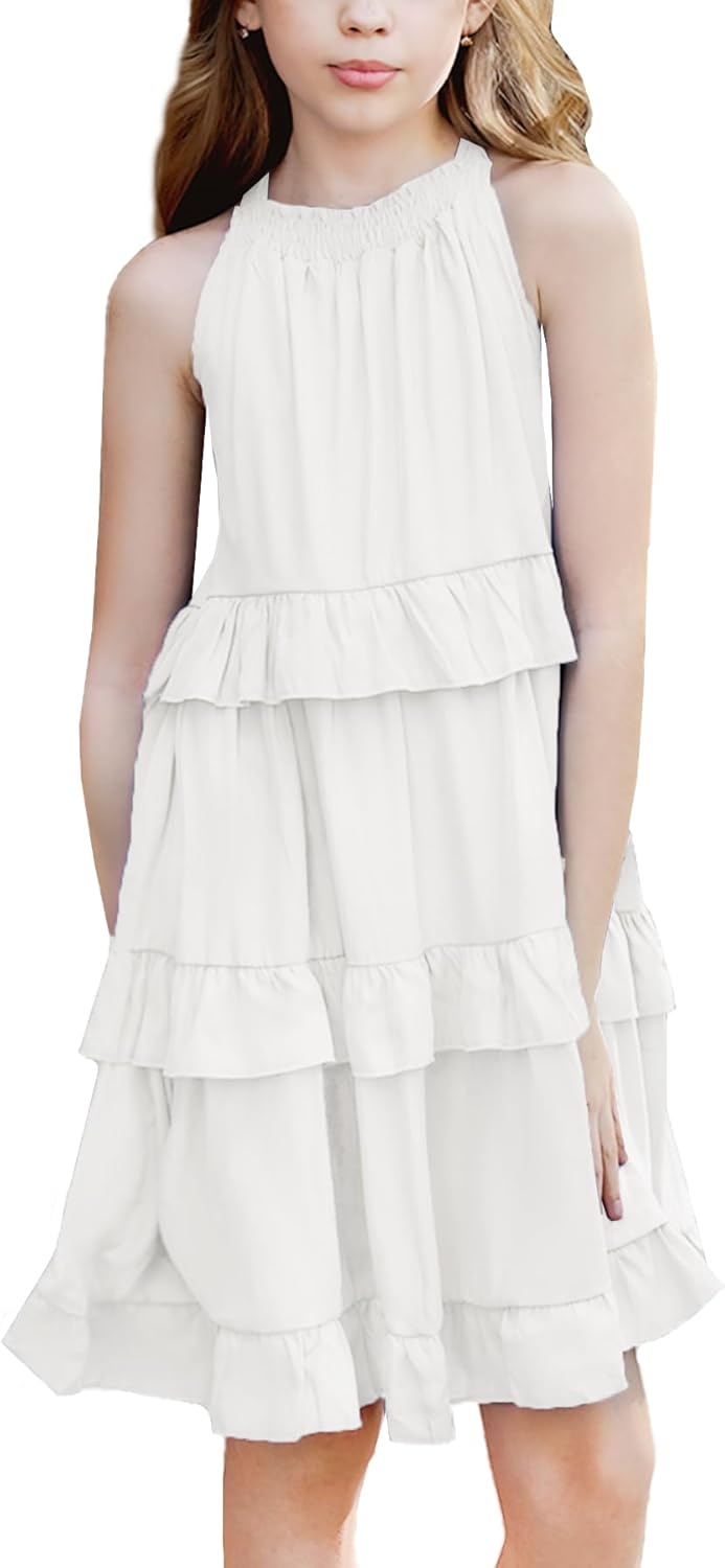 Girls Dresses Sleeveless Linen Dress Casual Solid Color Summer Dress 12-13 Years White