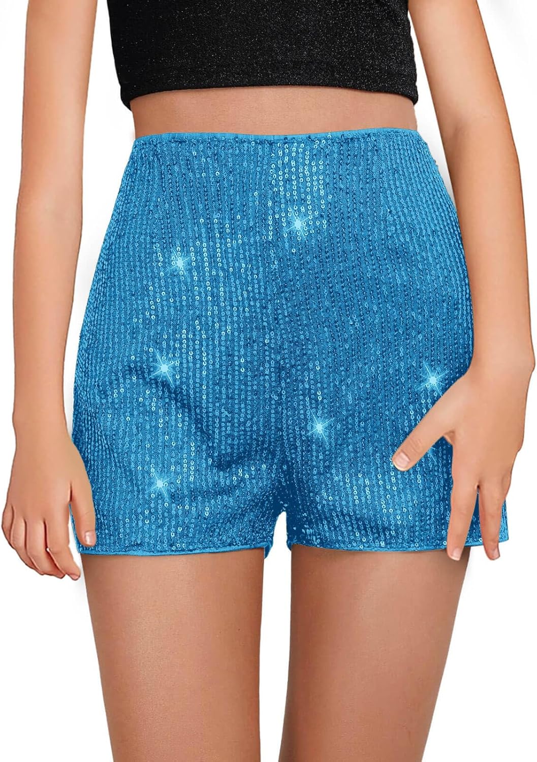 Girls High Waist Sequin Shorts Elastic Straight Leg Sparkly Glitter Party Shorts 5-14 Years 9-10 Years Blue