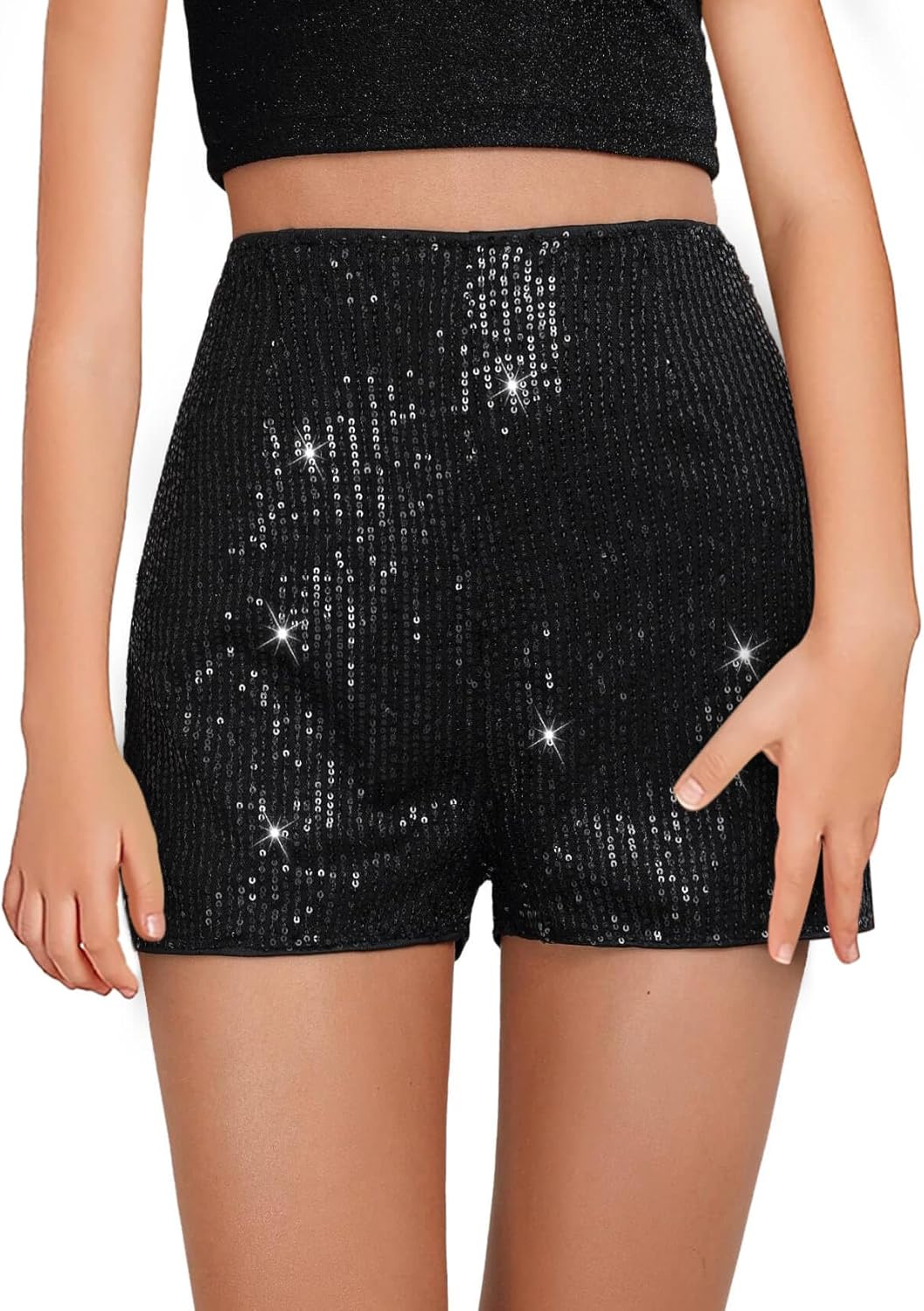 Girls High Waist Sequin Shorts Elastic Straight Leg Sparkly Glitter Party Shorts 5-14 Years 5-6 Years Black