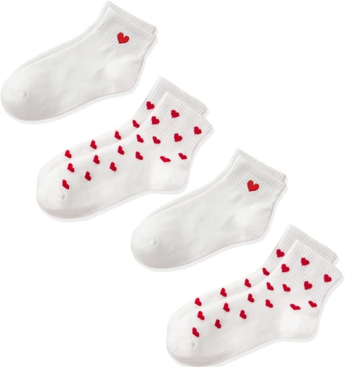 CHUNFO Cute Heart White Red Ankle Women Socks Frilly Fun Bear Pattern Long Crew Novelty Aesthetic Girls Sock 4 & More Pairs 4pk - Heart Pattern-white*4