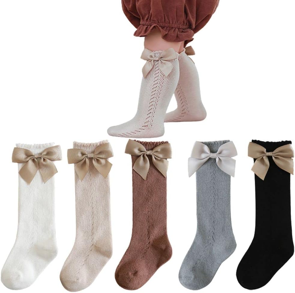 Baby Girls Infant Knee High Socks, Toddler Socks White Ruffle Style F 5 Pack 0-3 Months
