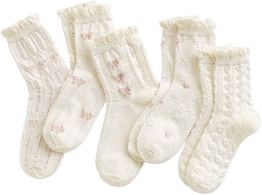 5 Pair Cute Ankle Socks for Women Coquette Bow Print Ruffle Frilly Cotton Socks Lace Trim Breathable Summer Socks Beige One Size