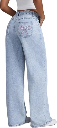 Women Wide Leg Baggy Jeans High Waisted Bowknot Embroidery Denim Pants Straight Leg Boyfriend Trendy Streetwear A-light Blue 28
