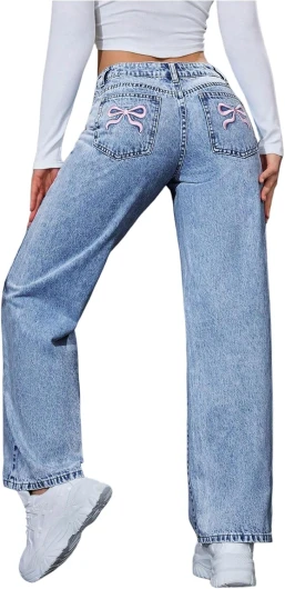 Women's Bow Embroidered Mid Rise Baggy Jeans Y2k Straight Leg Denim Pants with Pockets XX-Small Light Wash