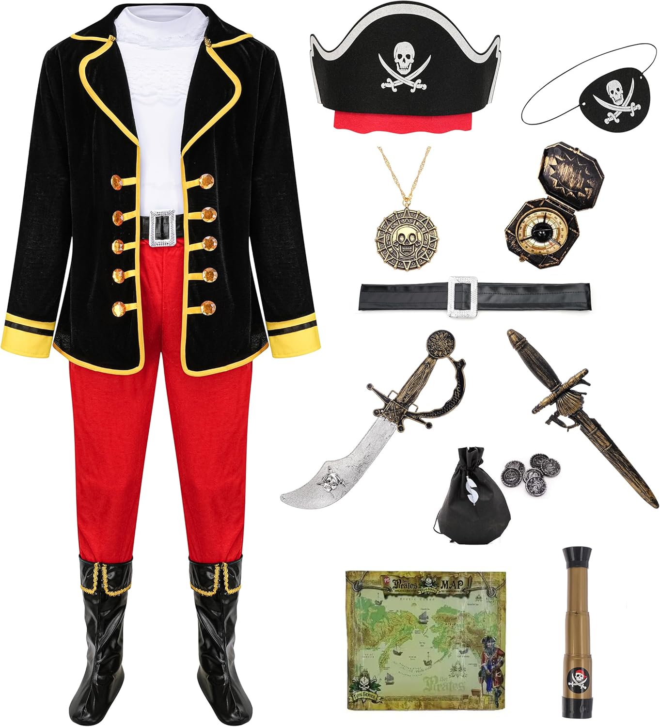 GZ-LAOPAITOU Pirate Costume for Kids Boys Deluxe Pirate Costume Set with Accessories Halloween Cosplay Party Dress Up Black 9-10 Years