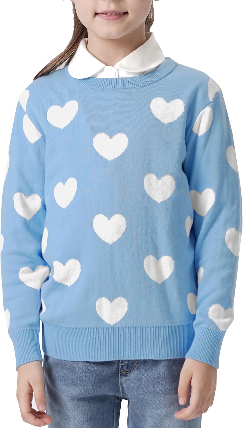 Girls Sweaters 100% Cotton Kids Sweater Holiday Teen Winter Pullover Crew Neck Long Sleeve Knit Top 10-12 Years Blue & Heart