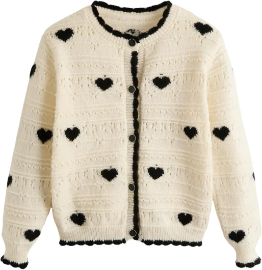 Girl's Heart Pattern Button Down Sweater Cute Round Neck Fall Drop Shoulder Cardigan 9 Years Multicoloured