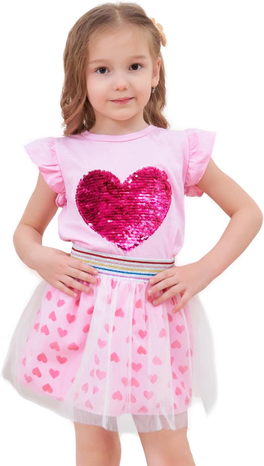 RETSUGO Girls Tulle Skirt Set Two Piece Ruffle Sleeve Unicorn T-Shirt Tutu Dress Summer Birthday Party Outfit 2-10 Years Heart Print/Pink 4-5T
