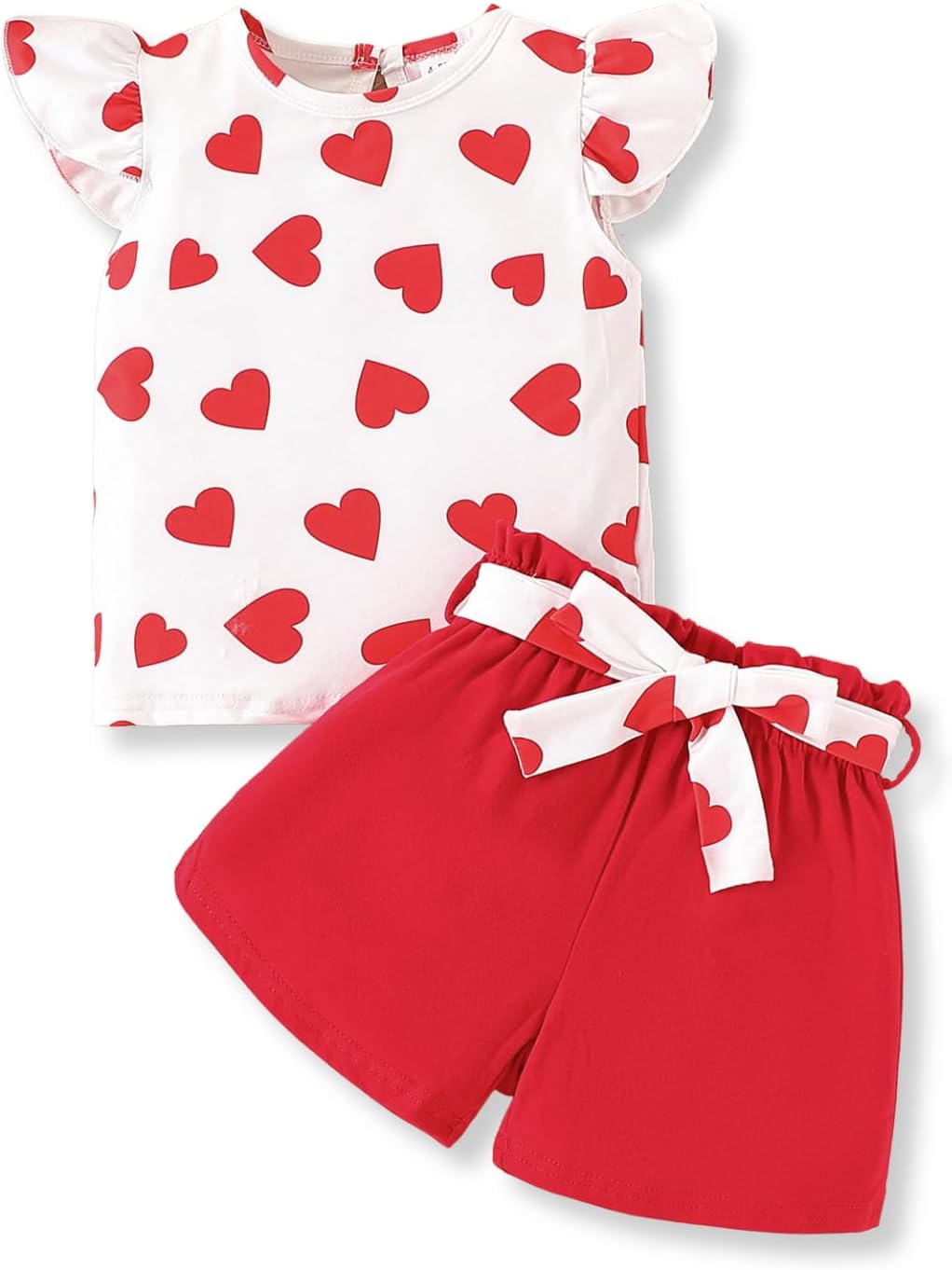 3-8T Toddler Kid Girl Outfits Clothes Ruffle Short Sleeve Floral T-Shirt Top Summer Shorts with Belt 6-7T Love Red