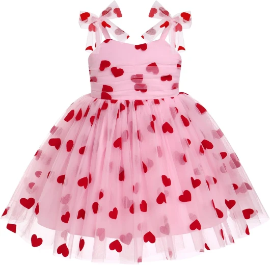 Toddler Baby Girl Birthday Princess Dress Shiny Confetti Boho Rainbow Cake Smash Photo Shoot Outfit for 1-6T 2-3T Pink + Red Heart