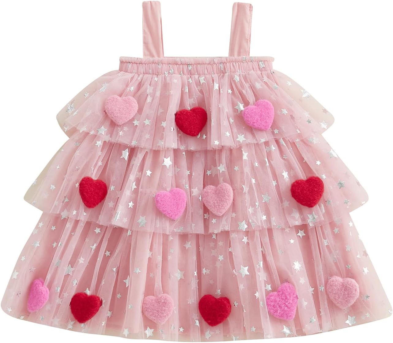 Kids Toddler Baby Girl Valentine's Day Dress Star Layered Tutu Dress with Heart Pompom Balls Summer Princess Dress Pink 8-9 Years