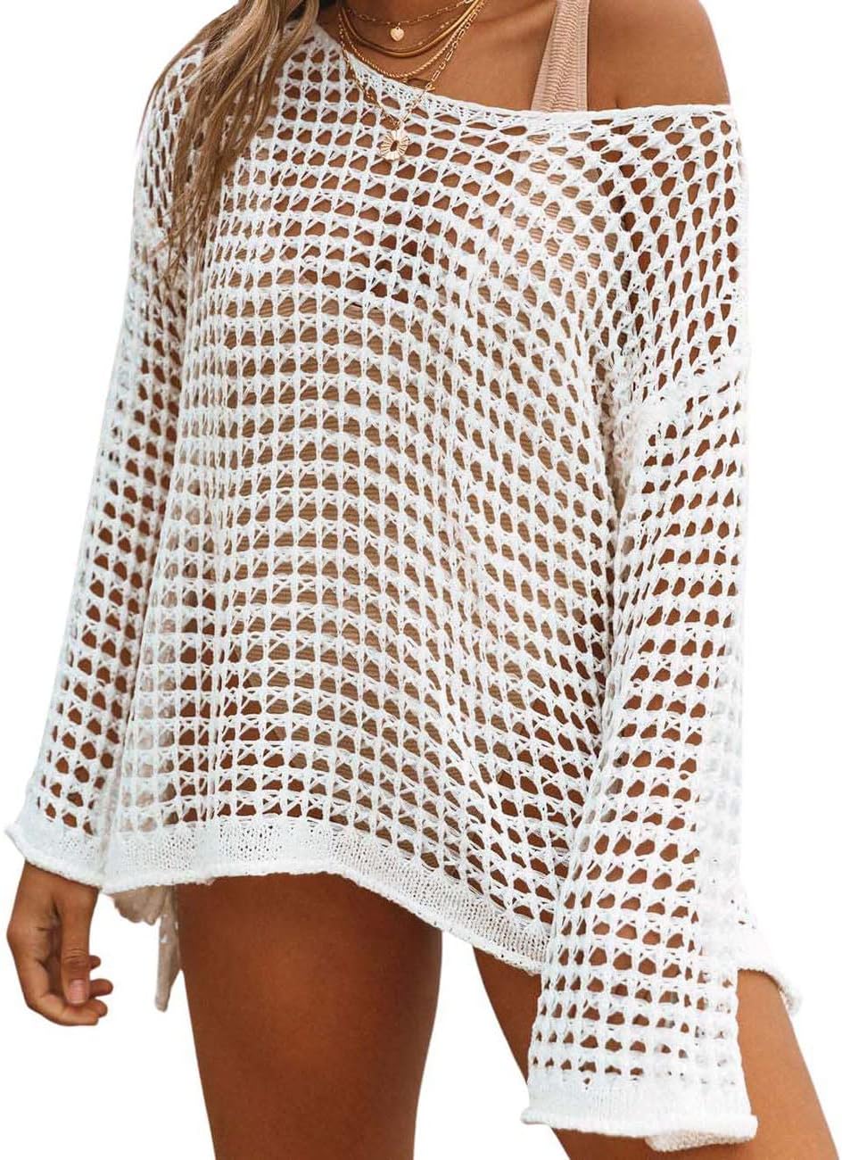 Crochet Cover Ups for Women Sexy Hollow Out Swim Cover Up Knit Summer Outfits E-white
