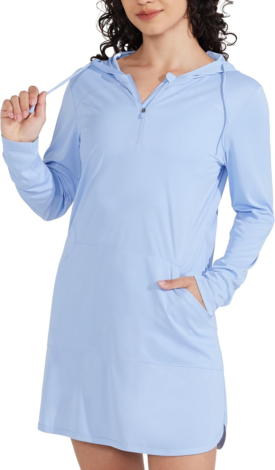 Women's UPF 50+ Swim Cover-Up Dress Hooded Beach Sun Long Sleeve Swimwear Quick Dry SPF Swim Shirts Small Blue