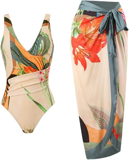 Women's One Piece Swimsuit with Beach Cover up Wrap Skirt Sarong Retro Floral Print Bikini Set Two Piece Bathing Suit Large Light Apricot Floral