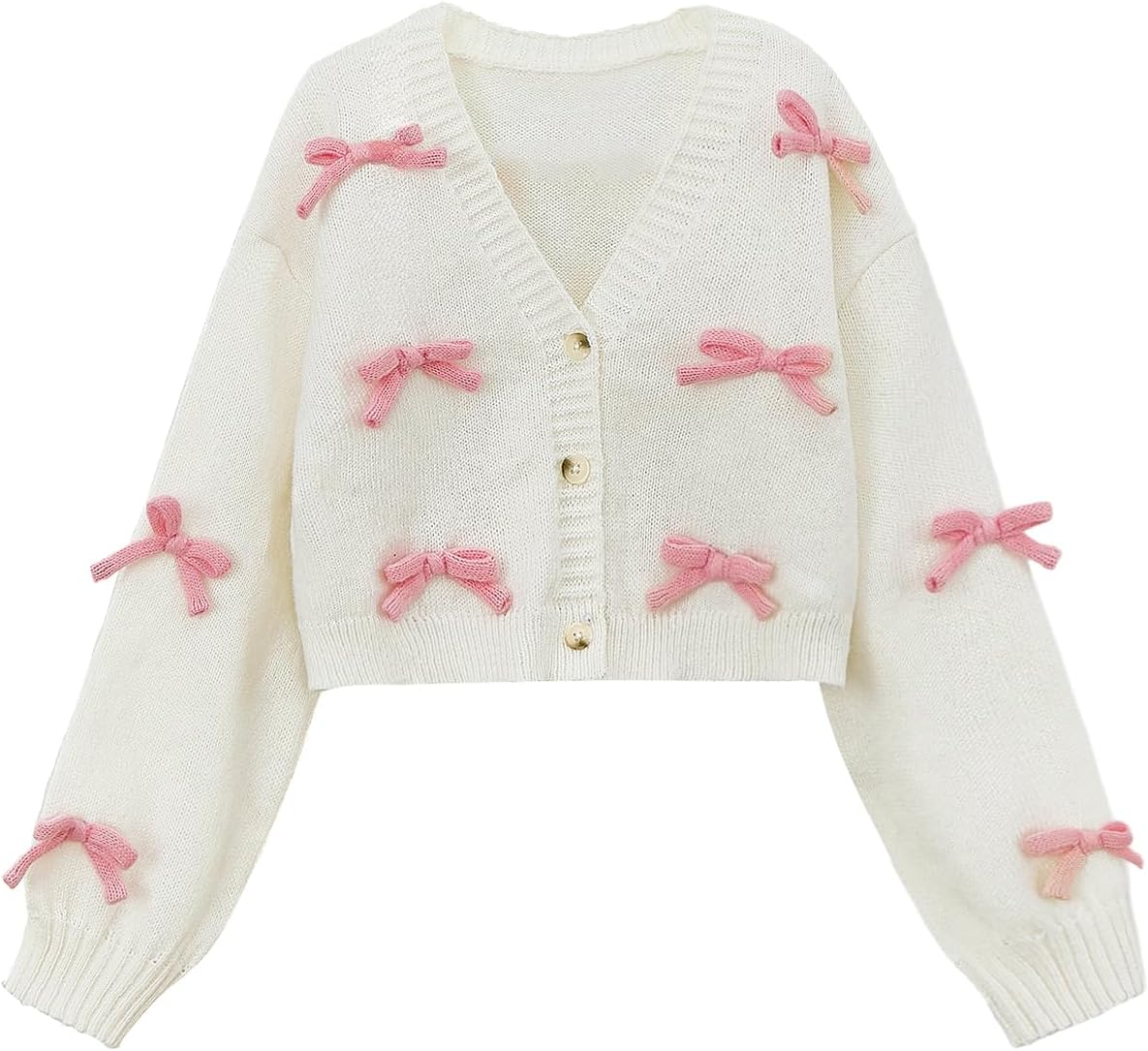 Girl's Bow Button Down Knitted Cardigan V Neck Loose Cute Crop Sweater Outwear 10 Years White