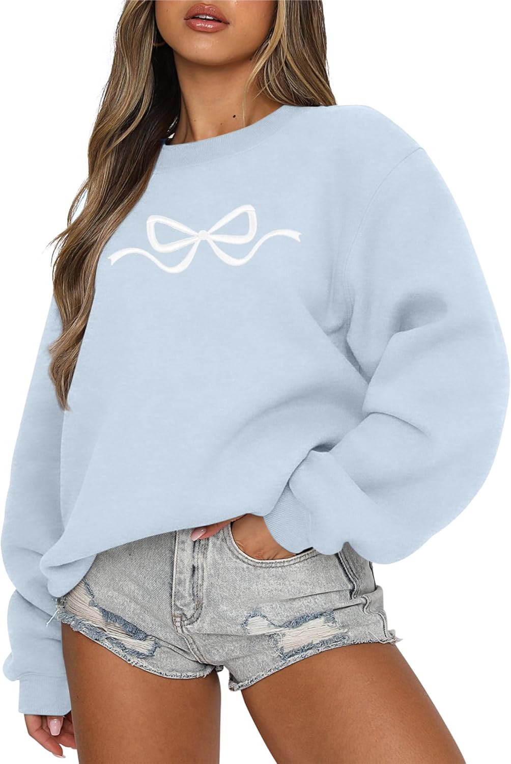 Pink Bow Sweatshirt Womens - Sequins Coquette Sweater Casual Round Neck Pullover Sweatshirts Long Sleeve Tops Blue Large