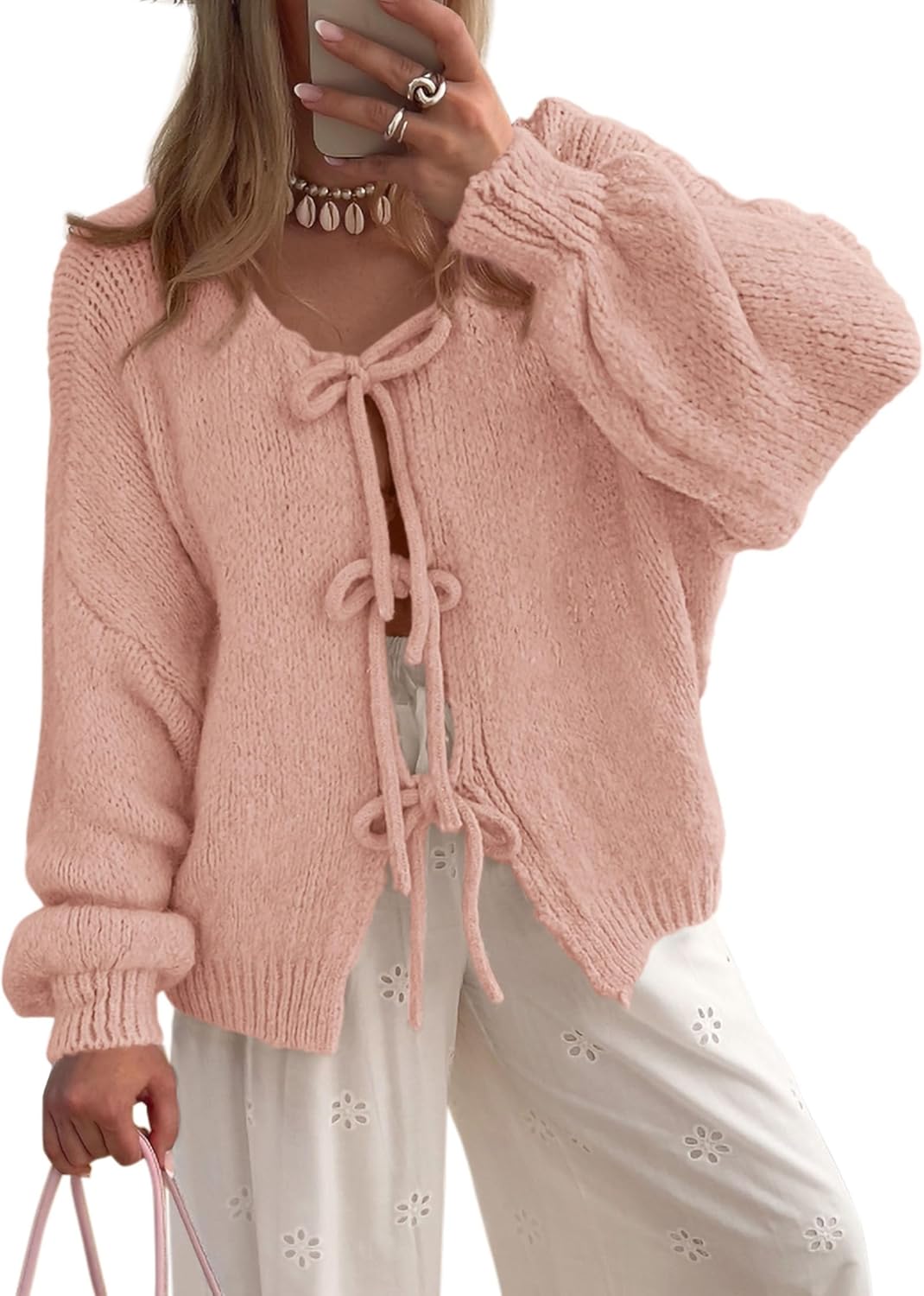 Women's Tie Front Bow Cardigan Sweaters Chunky Knit Long Puff Sleeve Trendy Fall Winter Jacket Coats Pink X-Large