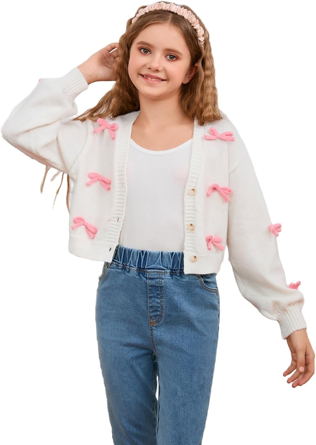 Girl's 3D Bow Long Sleeve V Neck Button Down Cardigan Sweater Knitted Outerwear 12 Years White