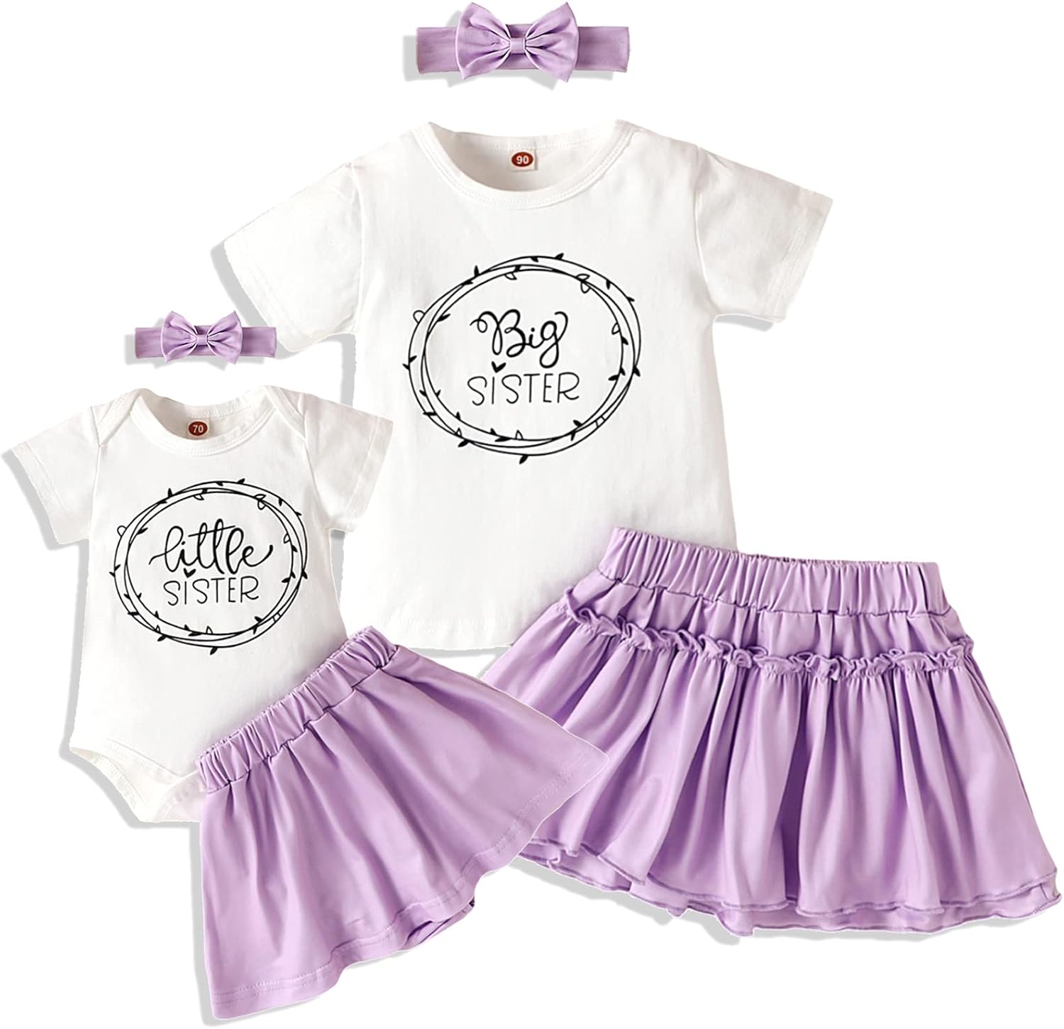 Big Sister Little Sister Matching Outfits Toddler Baby Girl Summer Clothes Short Sleeve Romper Ruffle Skirt 3PC Set Little Sister 0-3 Months Purple