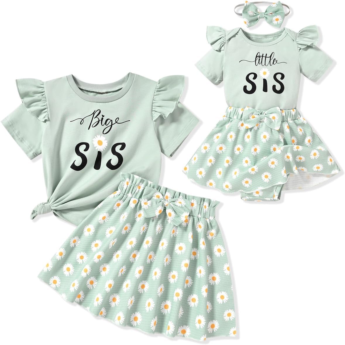 Big Sister Little Sister Matching Outfits,Toddler Baby Girl T-shirt/Romper Skirt Clothes Set 0-3 Months Green-only Little Sister