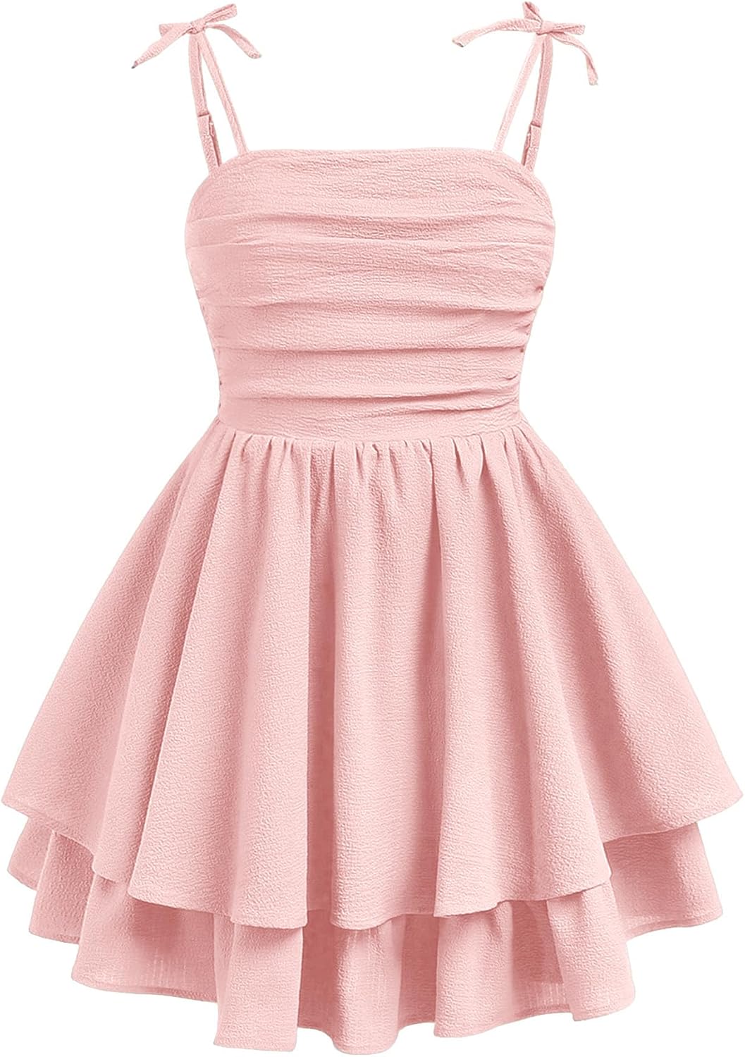Girl's Summer Smocked Ruched A Line Layered Ruffle Flowy Tie Bow Cute Cami Dress 10 Years Pink