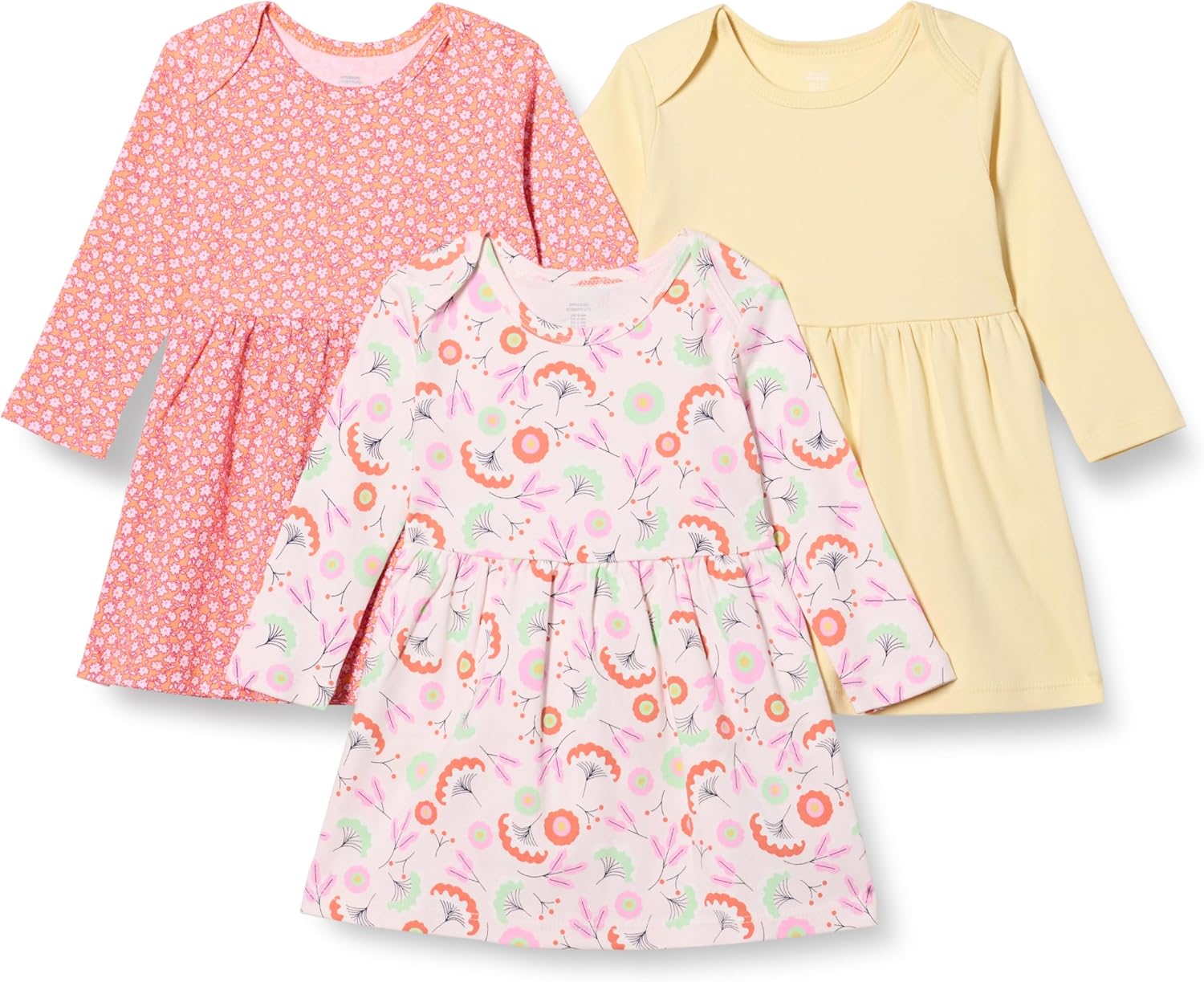 Toddlers and Baby Girls' Cotton Long-Sleeve Dress, Pack of 3 18 Months Pale Yellow/Floral