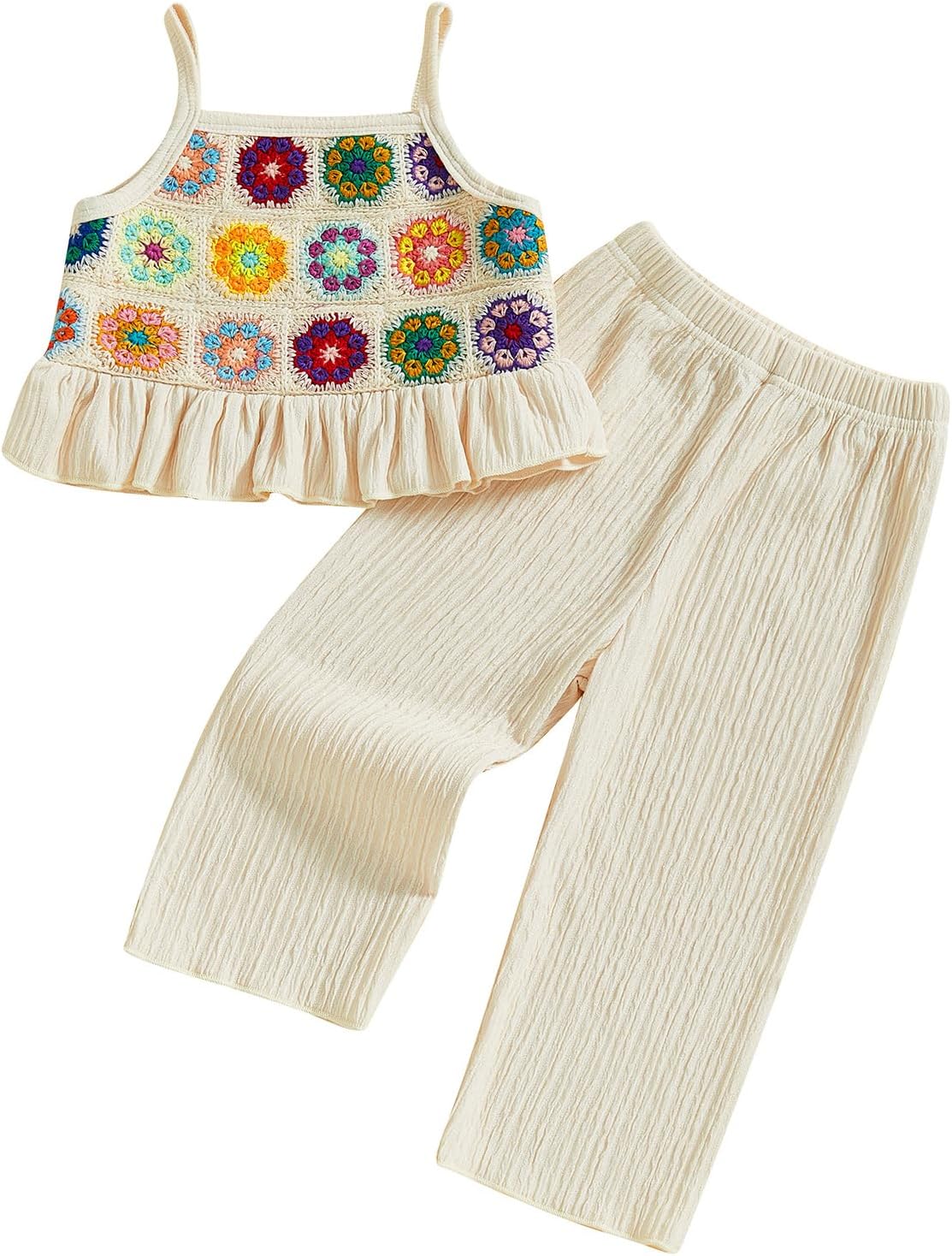 Baby Girl Outfits Crocheted Ruffled Camisole And Elastic Pants Set 6 12 18 24 Months 2 3 4 T Beige 12-18 Months