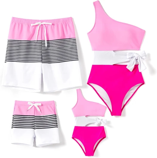 Family Matching Swimsuits Mommy and Me One Shoulder Cutout Colorblock Bathing Suits One Piece Swimwear Sets Girl 2T Rose Pink