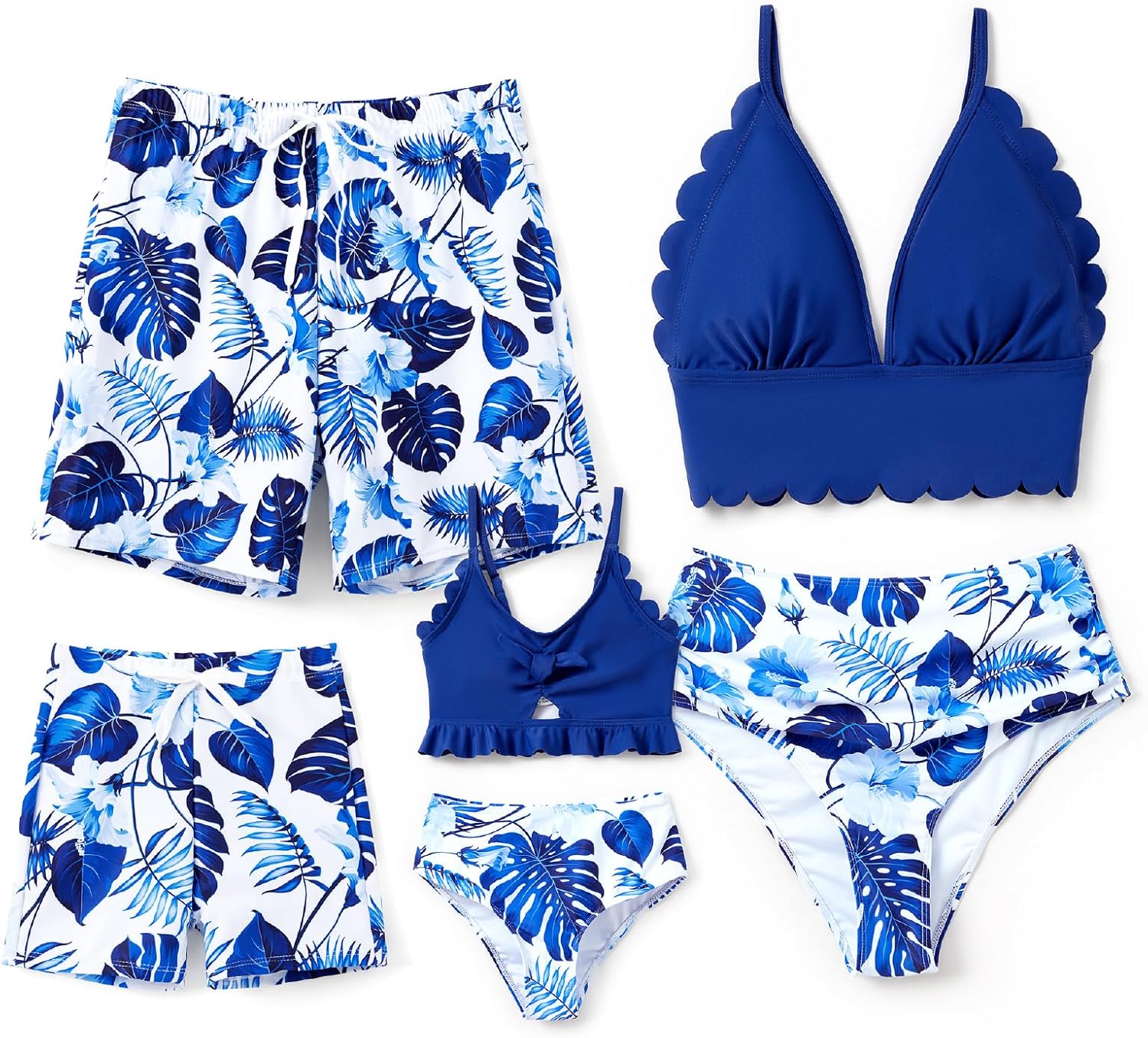 Family Matching Solid Scallop Trim Strappy Two-Piece Swimsuit and Allover Floral Print Swim Trunks Shorts Women X-Large Hawaiian Blue