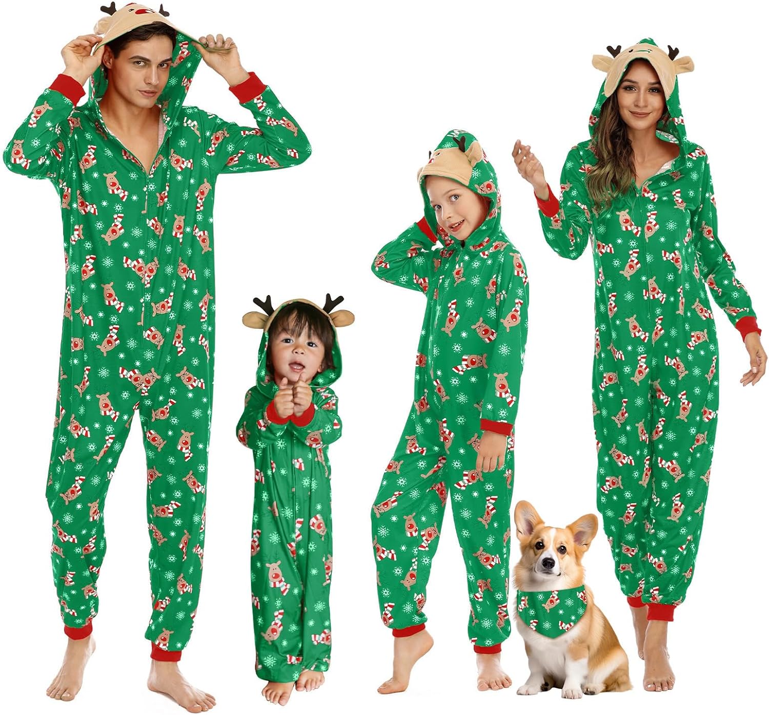 Christmas Pajamas for Family Matching Cute Long Sleeve Couples Soft Sleepwear One Piece Funny Christmas Pjs Sets Dad Large Xmas Green Reindeer