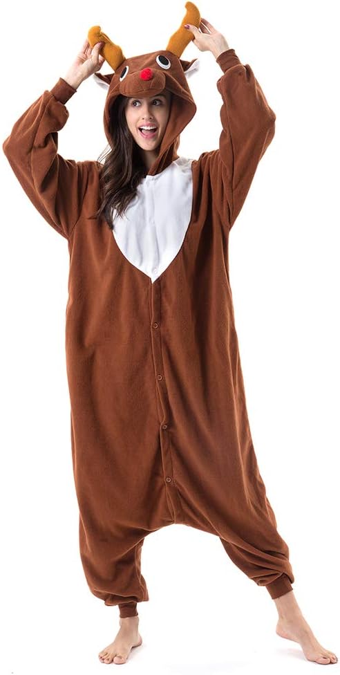 Unisex Adult Onesie One Piece Pajamas Cosplay Cartoon Costume Halloween Christmas Sleepwear Jumpsuit Homewear Medium Coffee Reindeer