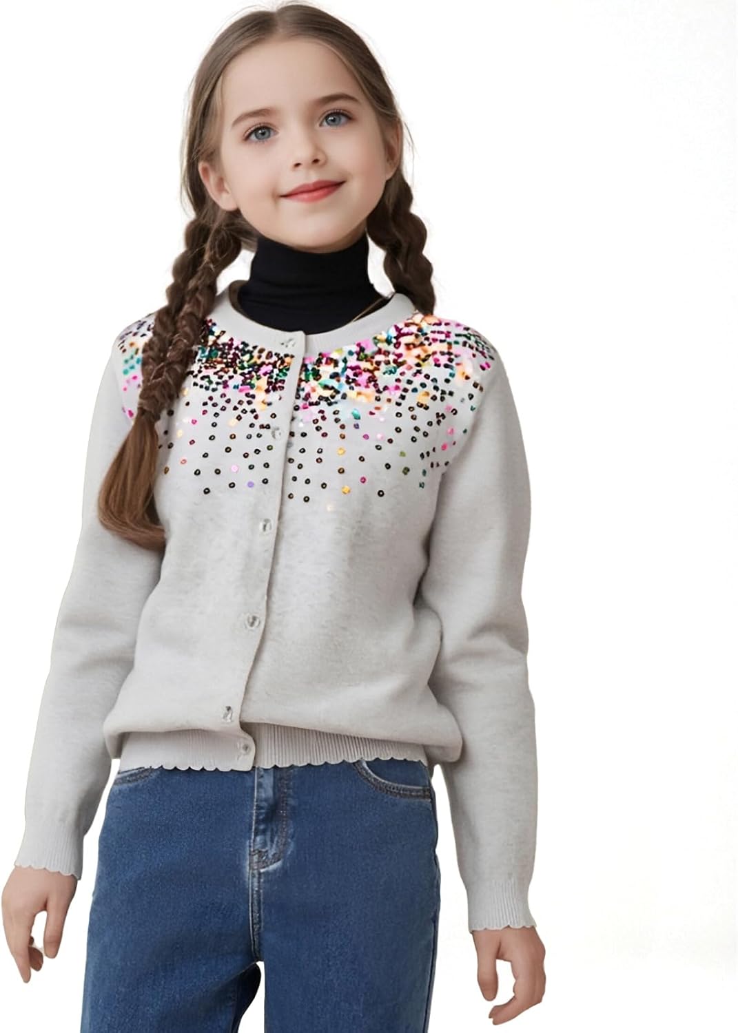 Danny D Girls Sequin Knitted Sweater Cardigan Crew Neck Long Sleeve Button Tops 7-8 Years Grey