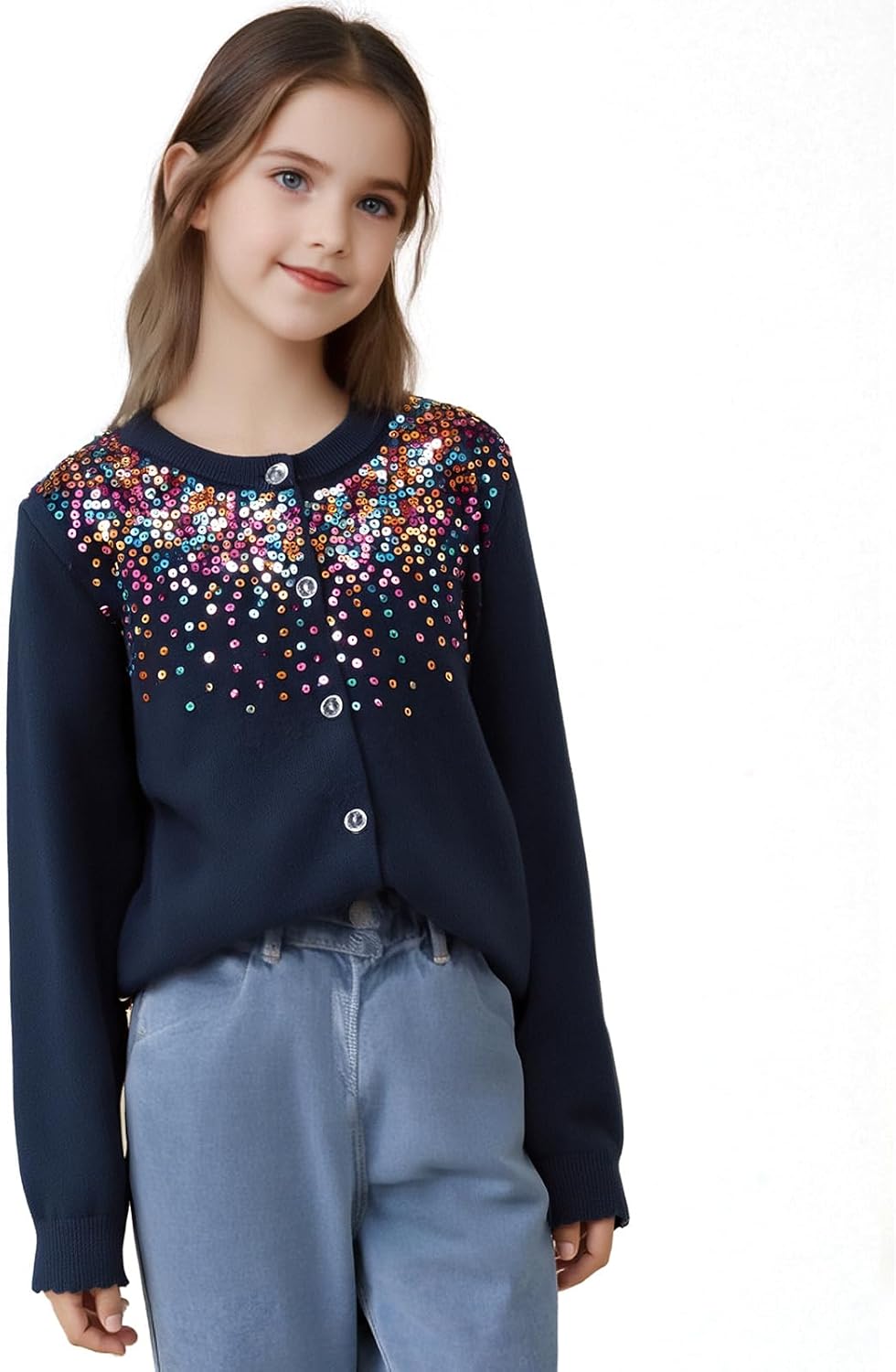 Danny D Girls Sequin Knitted Sweater Cardigan Crew Neck Long Sleeve Button Tops 11-12 Years Navy Blue