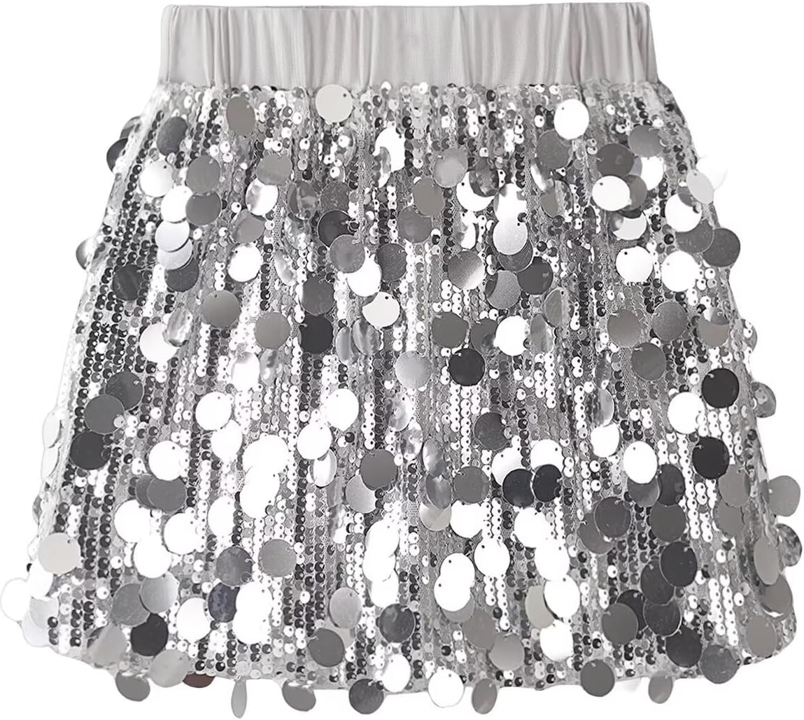 Sparkly Sequin Skirt for Girls Toddler & Kids Elastic Waistband Skirts with Lining 8 Years Aglitter,silver