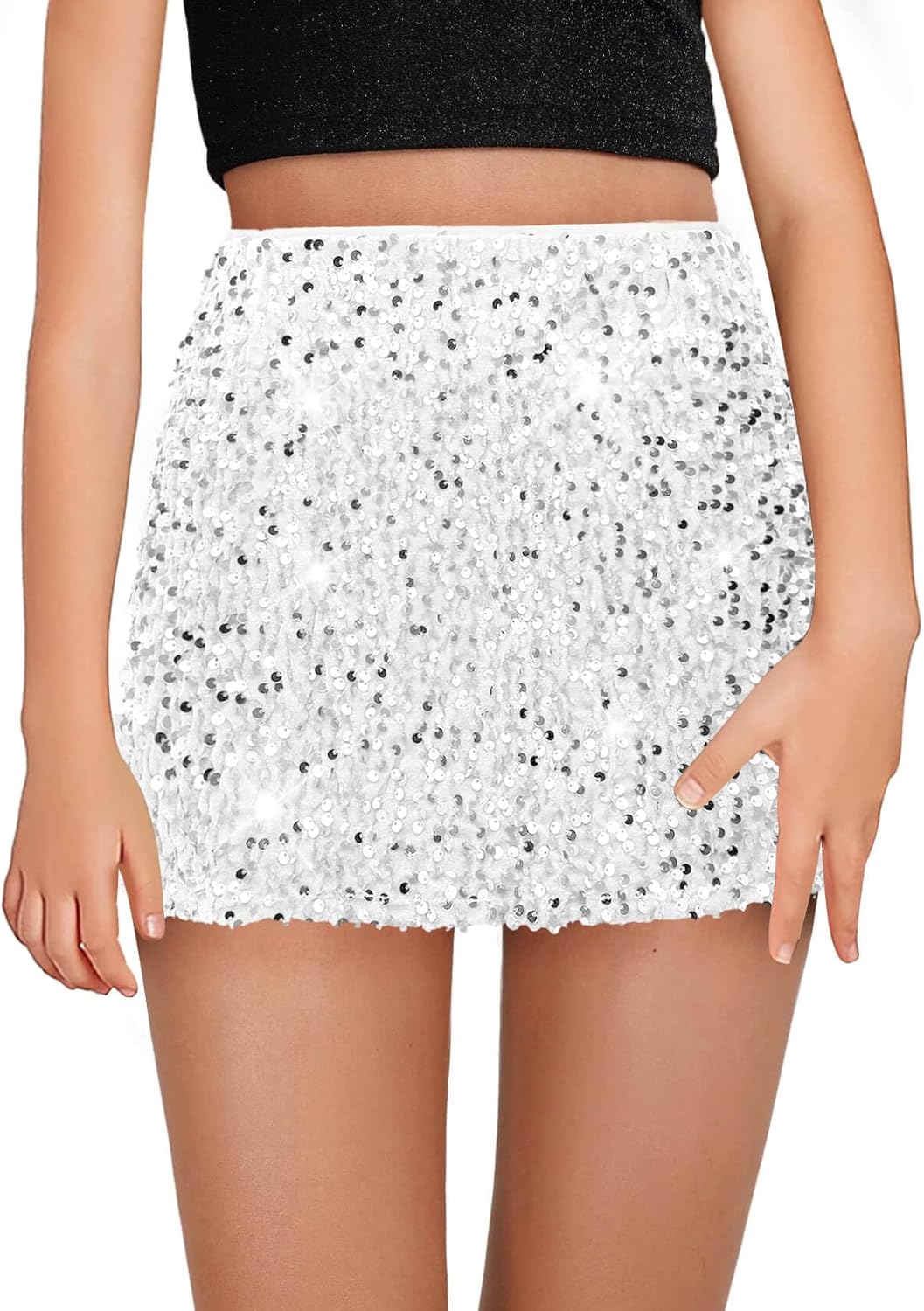 Girls Sequin Skirt High Waisted Mini Skirts Sparkle Glitter Party Skirts 5-14 Years 10-12 Years Silver